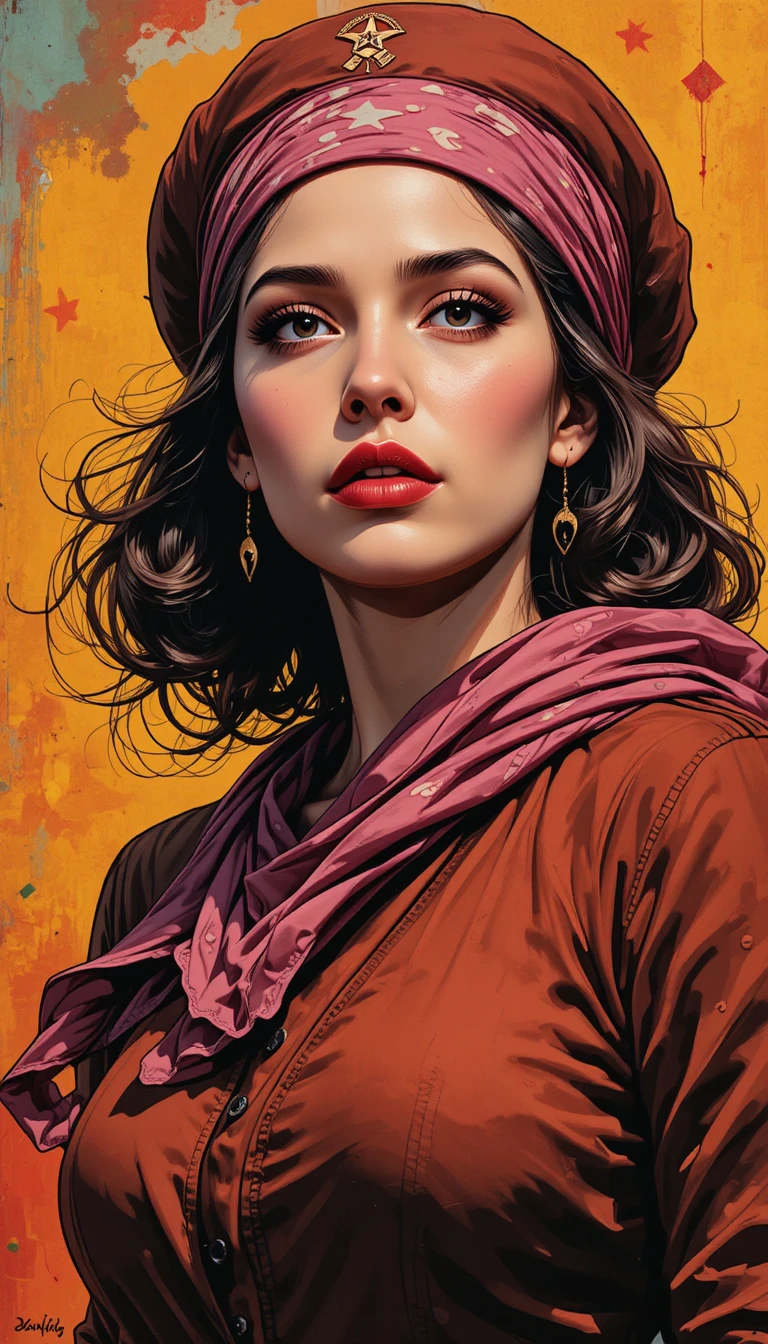 Uma mulher com bandana rosa e chapéu no estilo do realismo socialista