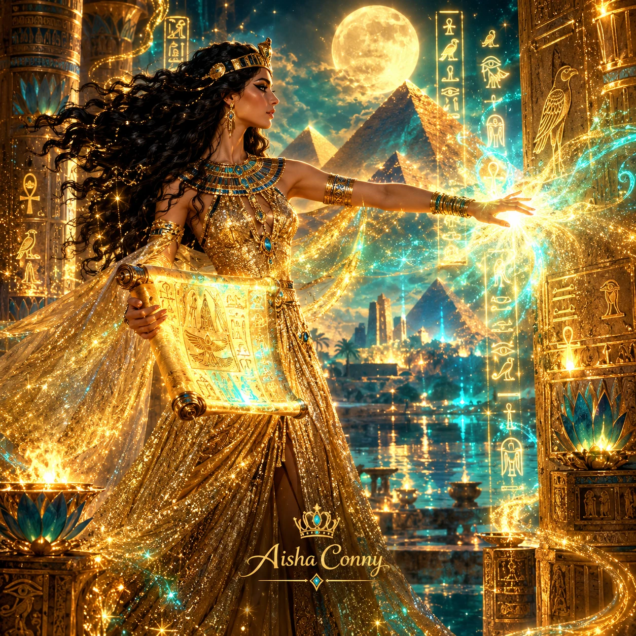 Uma rainha egípcia segura um papiro luminoso e veste um traje dourado cintilante