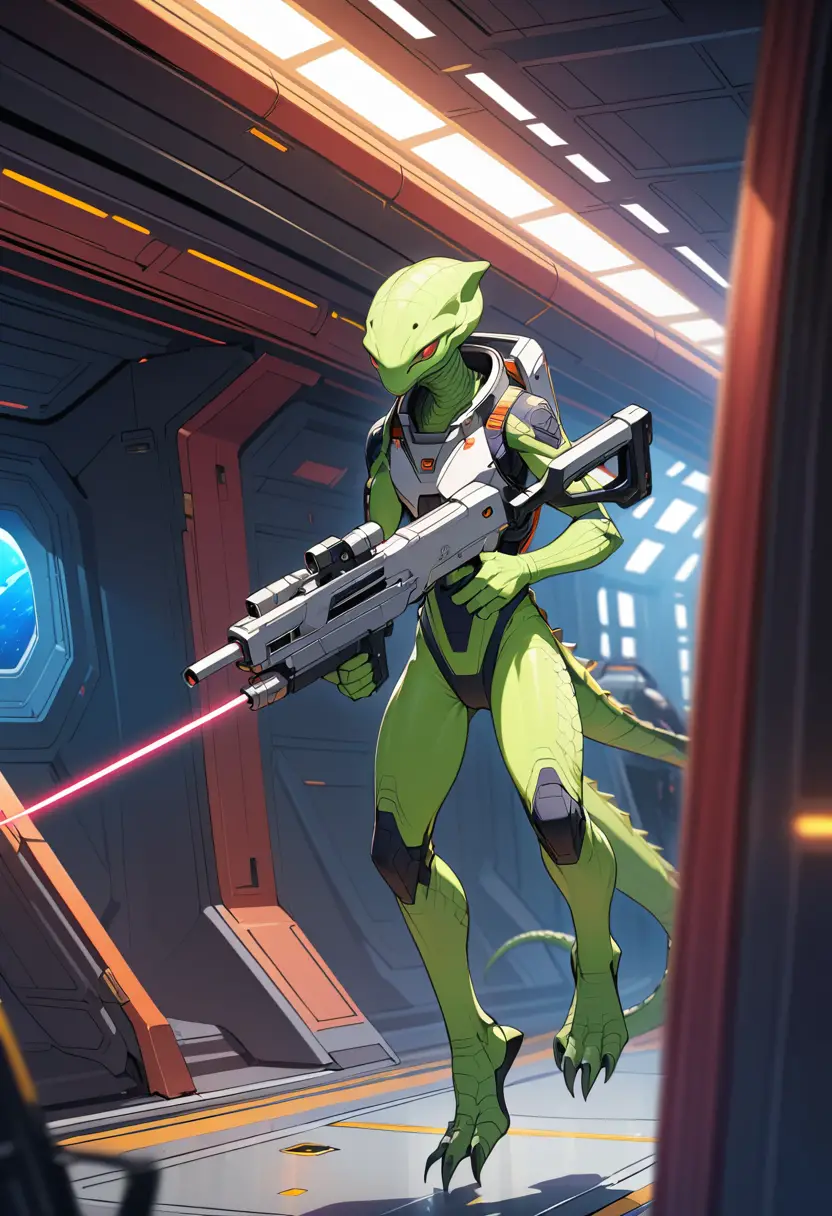 A reptilian alien in a spacesuit fires a laser gun inside a spaceship hangar