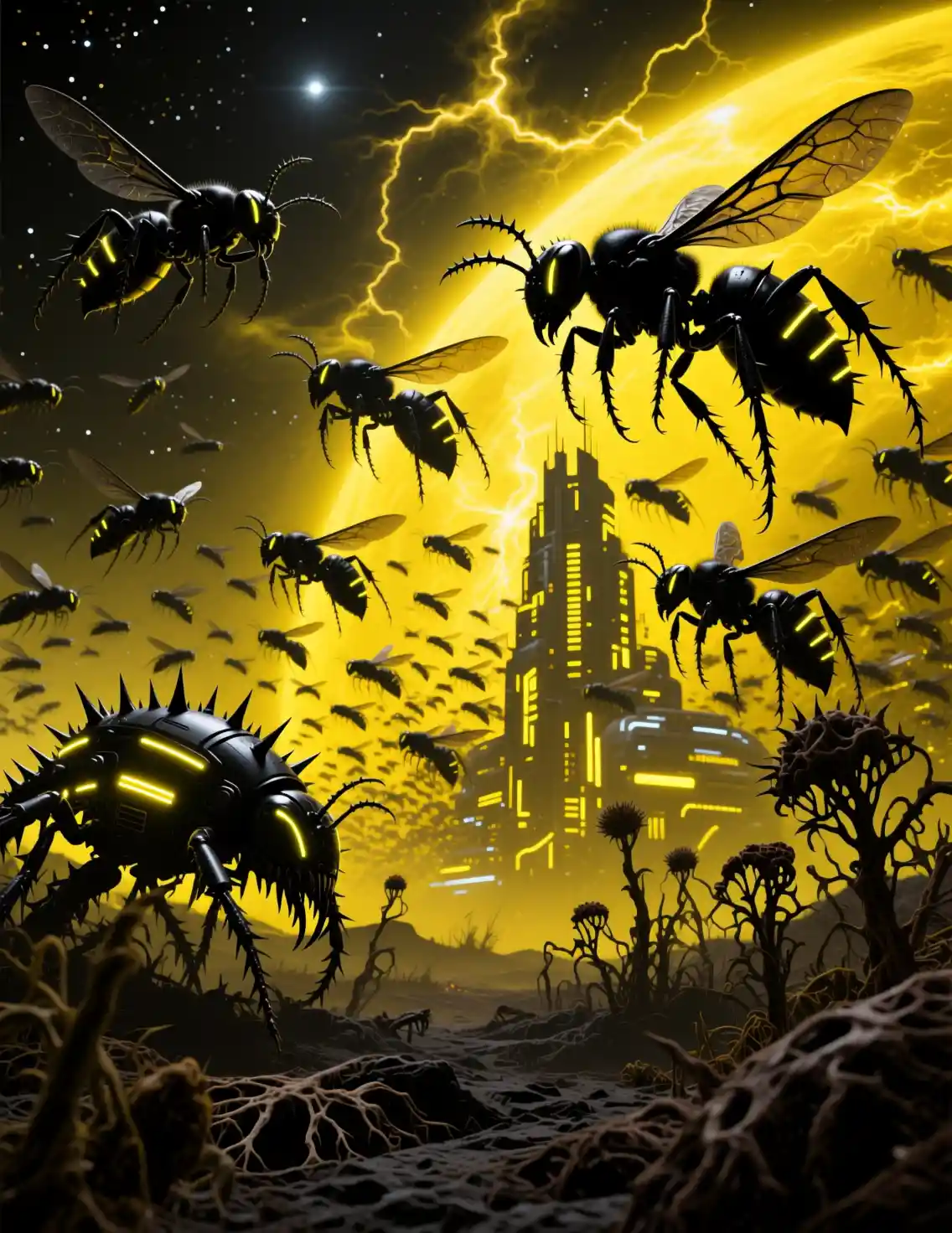 A Thorned Hornet Swarm Flies Above Dead Plants in a Dark Landscape
