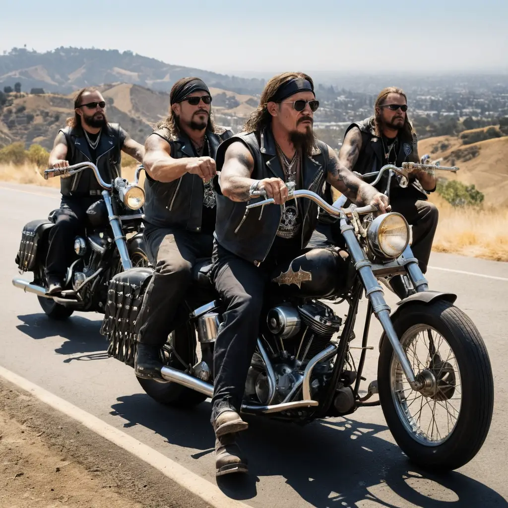 Outlaw motorcyclists ride in packs along California highways toward Monterey