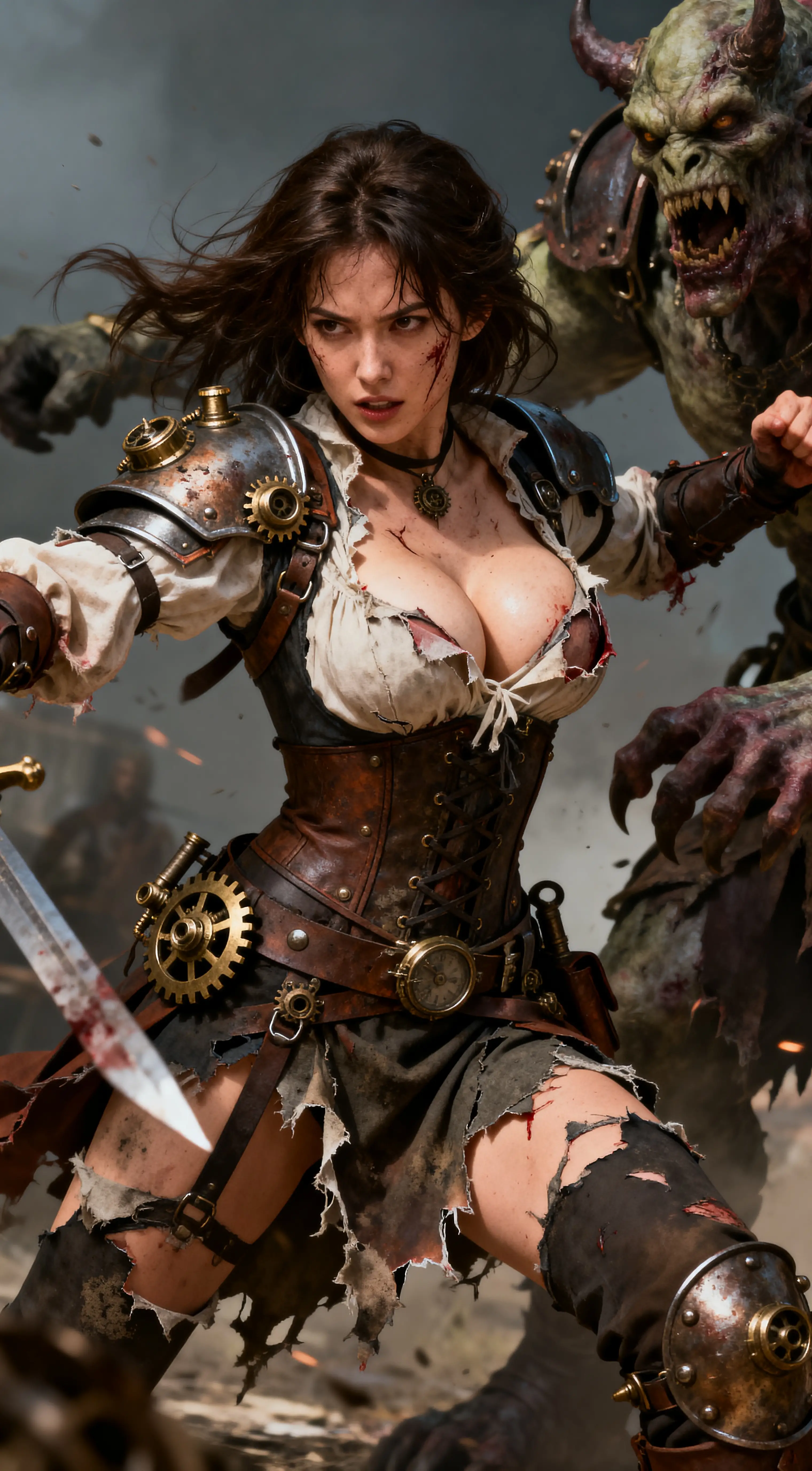 Young brunette fighter in tattered medieval gear battles a monster