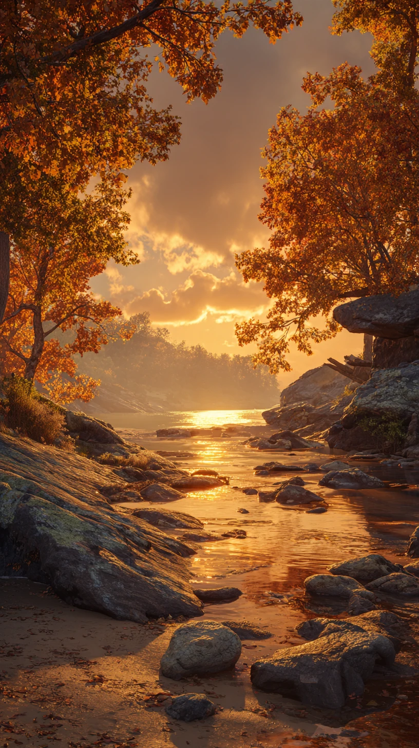 La rivière d’automne scintille sous les nuages d’orage, entre lumière dorée et chênes aux couleurs éclatantes
