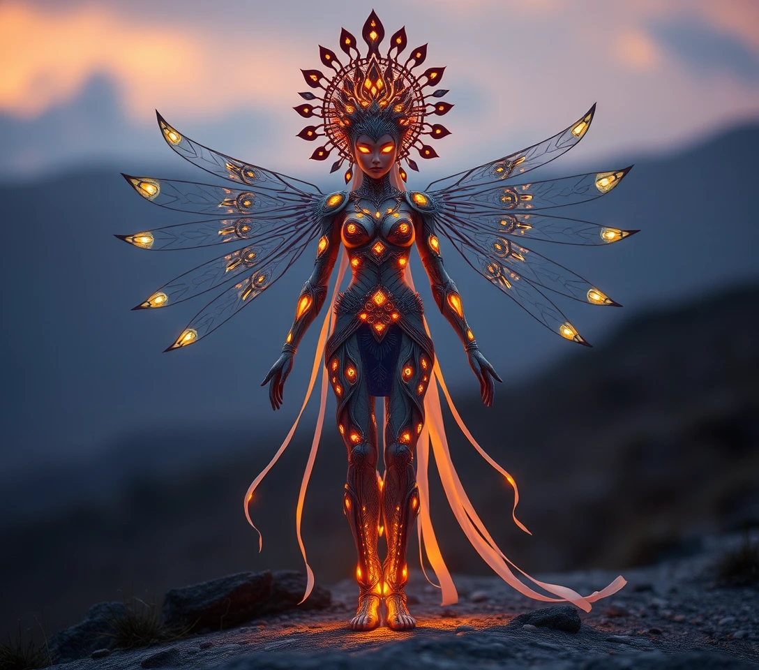 Una diosa cibernética con placas rituales brillantes al amanecer