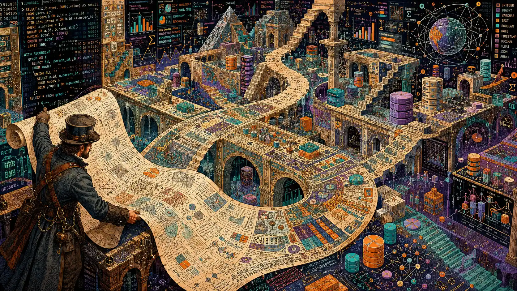 Un esploratore vittoriano dispiega una mappa infinita di percorsi analitici