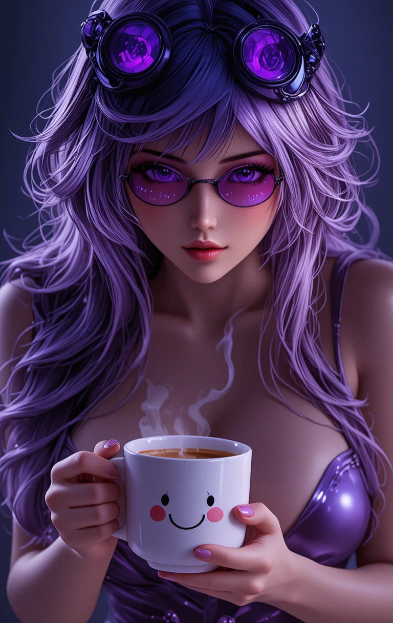 Uma mulher com óculos futuristas inclina-se sobre uma caneca fumegante com uma carinha sorridente