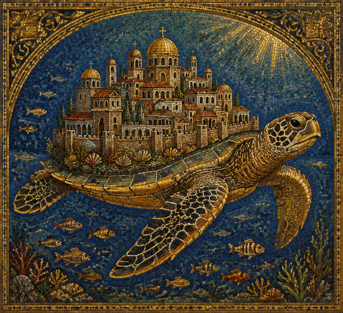 Eine Meeresschildkröte trägt eine Korallenstadt auf ihrem byzantinischen Mosaikpanzer