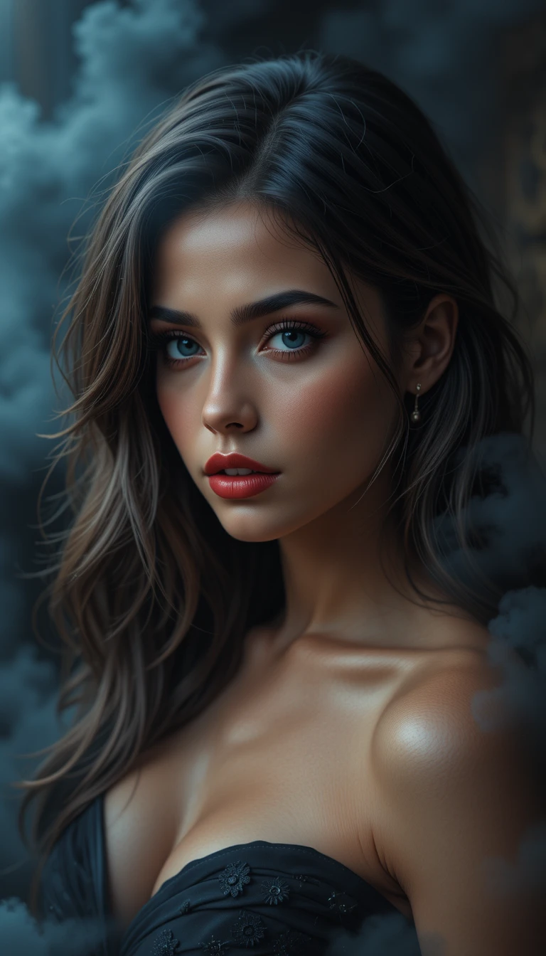 Retrato fotorrealista de uma mulher com olhos cor de safira e batom vermelho