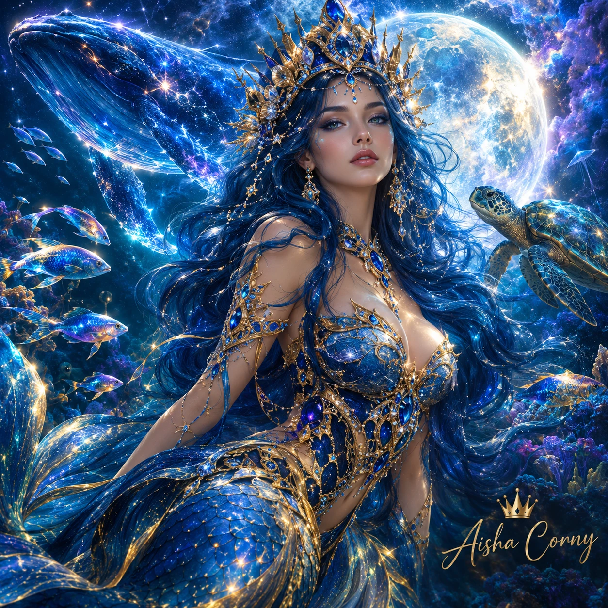 A cosmic mermaid queen floats through a luminous underwater galaxy