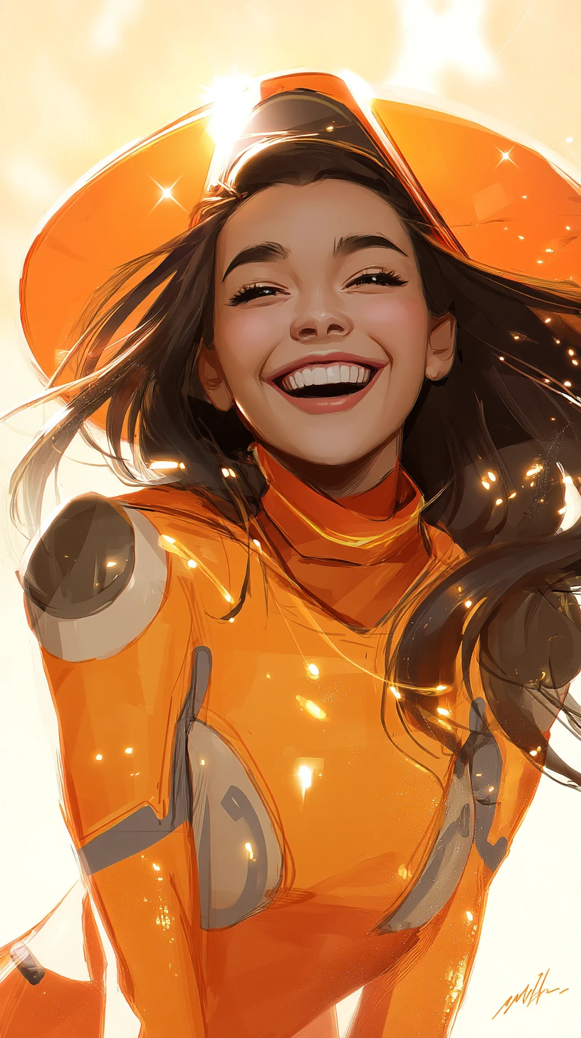 Sorcière de science-fiction joyeuse en robe orange fluo sous la douce lumière du soleil