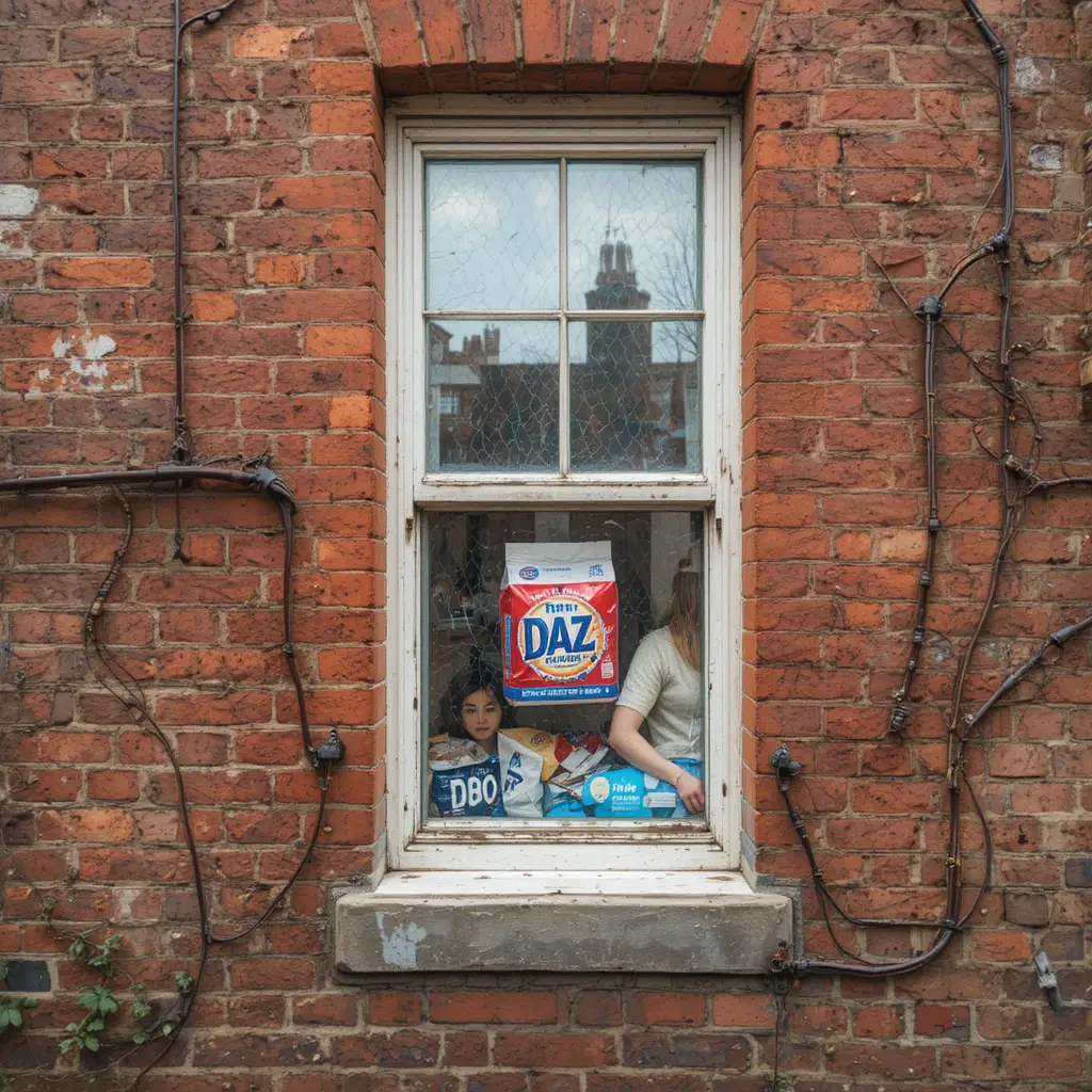 A Washing Powder Packet Displayed in a Kitchen Window Across from a Building Site