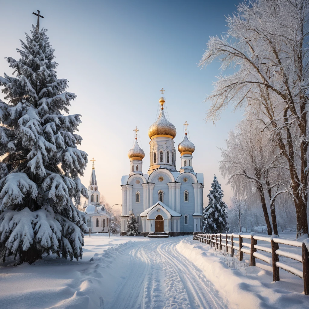 Uma igreja de uma aldeia russa coberta de neve brilha sob um céu pálido de inverno
