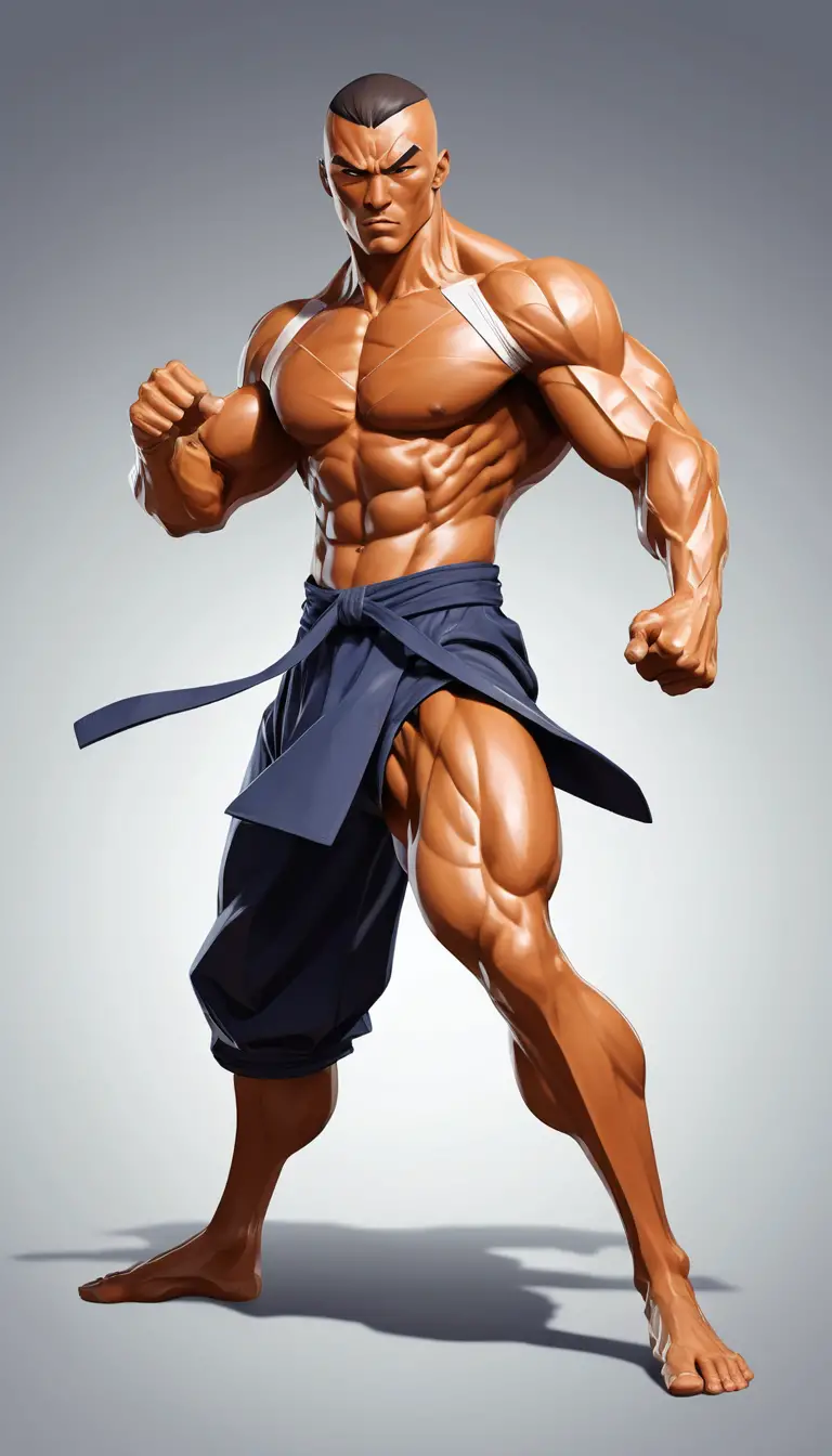 A tanned kung fu fighter leaps through the air in a bold illustrated pose