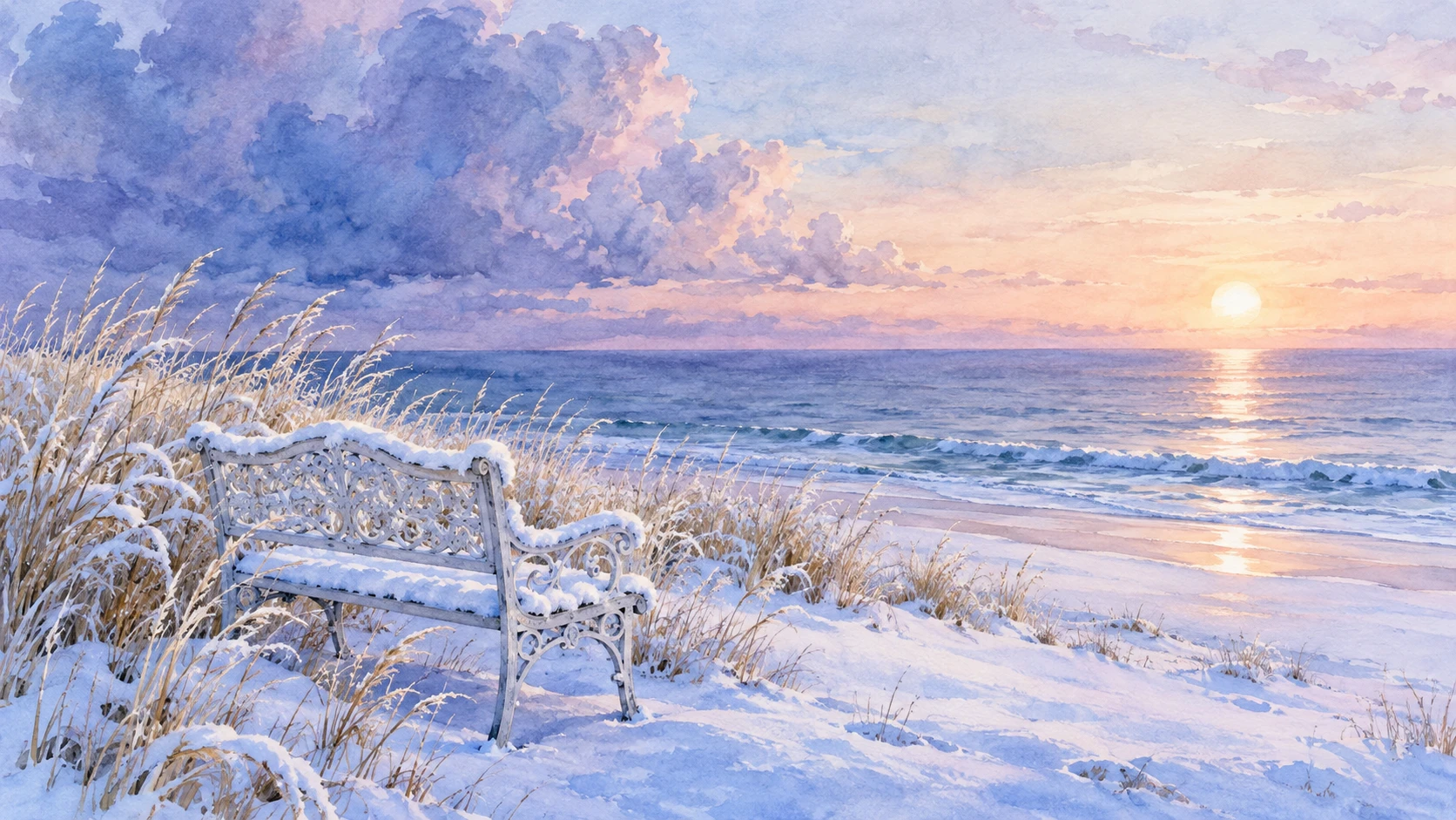 Aguarela de uma praia coberta de neve com um banco ornamentado e ervas de inverno
