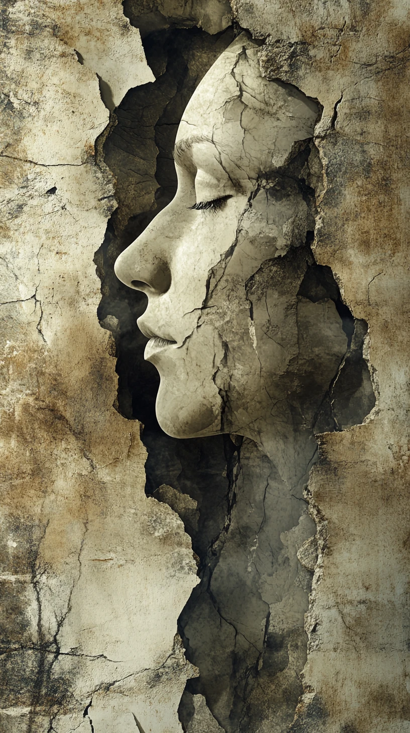 Les textures de pierre érodée révèlent des visages fugaces dans une composition artistique abstraite