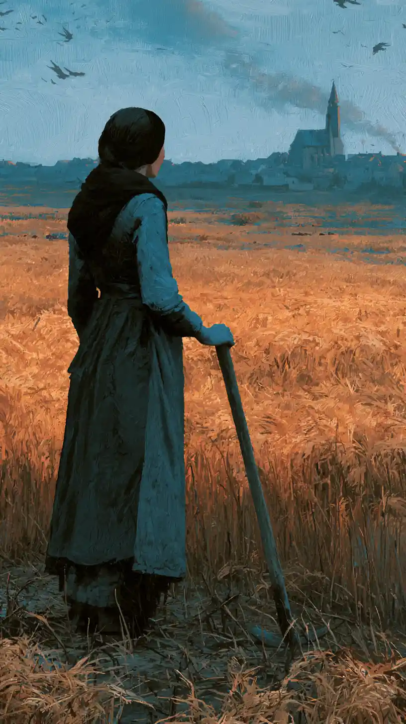 Uma camponesa solitária faz uma pausa com a enxada ao lado de um campo já colhido