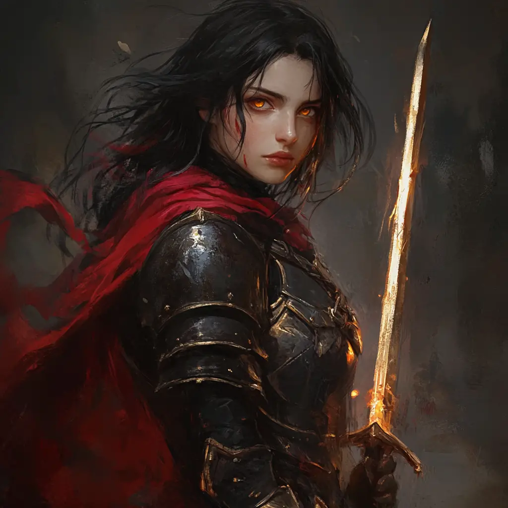 A fantasy knight with amber eyes and a blazing sword
