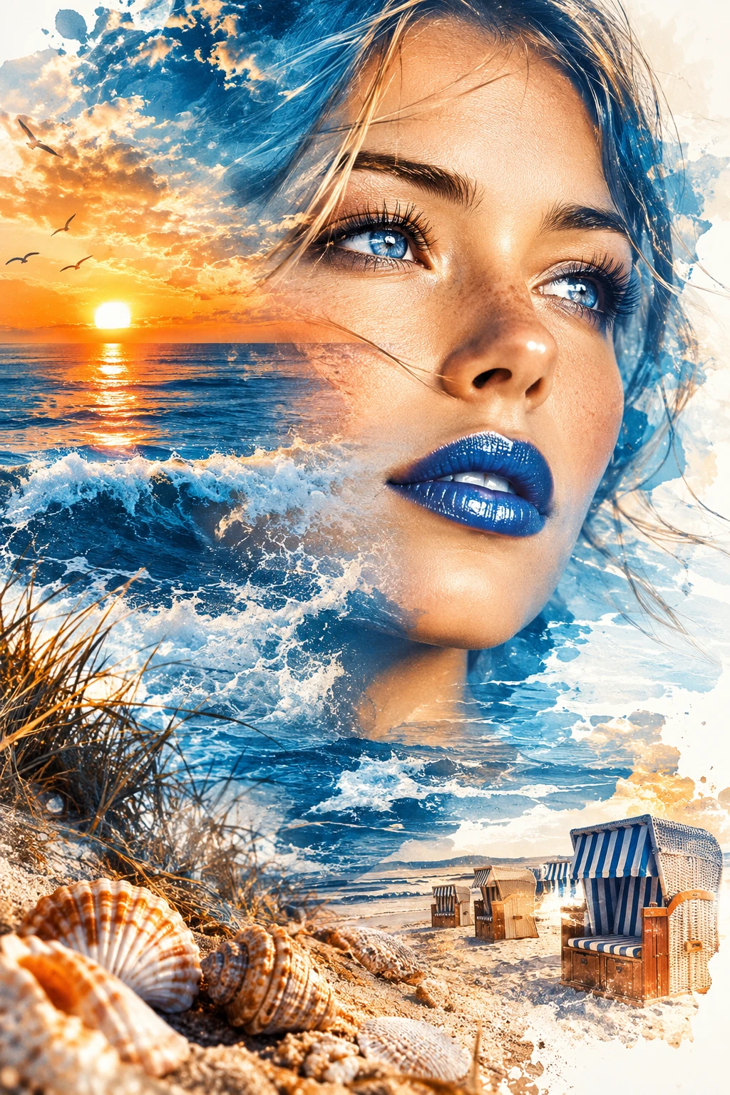 Um retrato em dupla exposição combina o rosto de uma mulher com as ondas do mar
