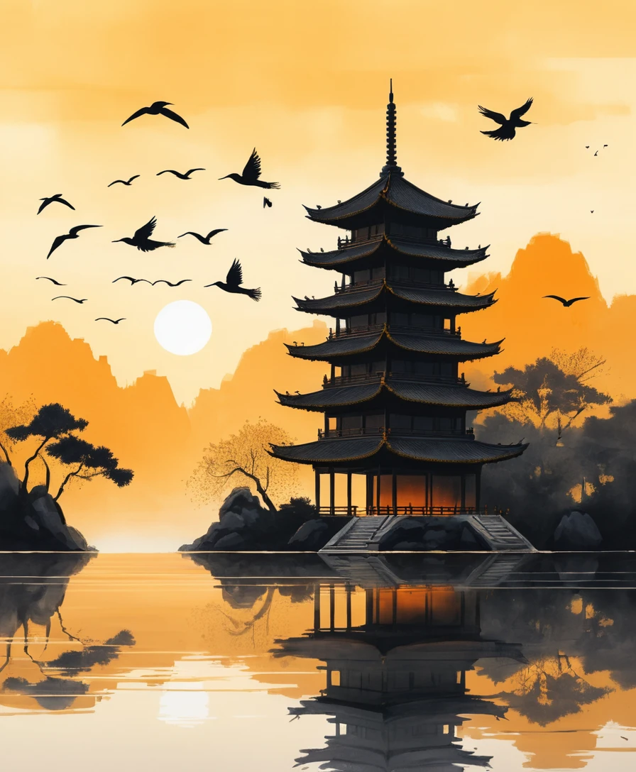 A pagoda at sunset in a minimalist Chinese ink painting