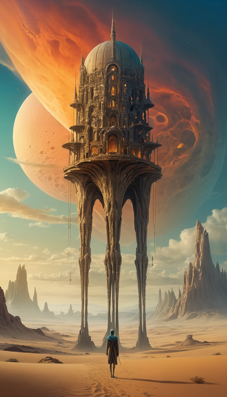A lone traveler crosses fossil-strewn desert toward a distant stilt city