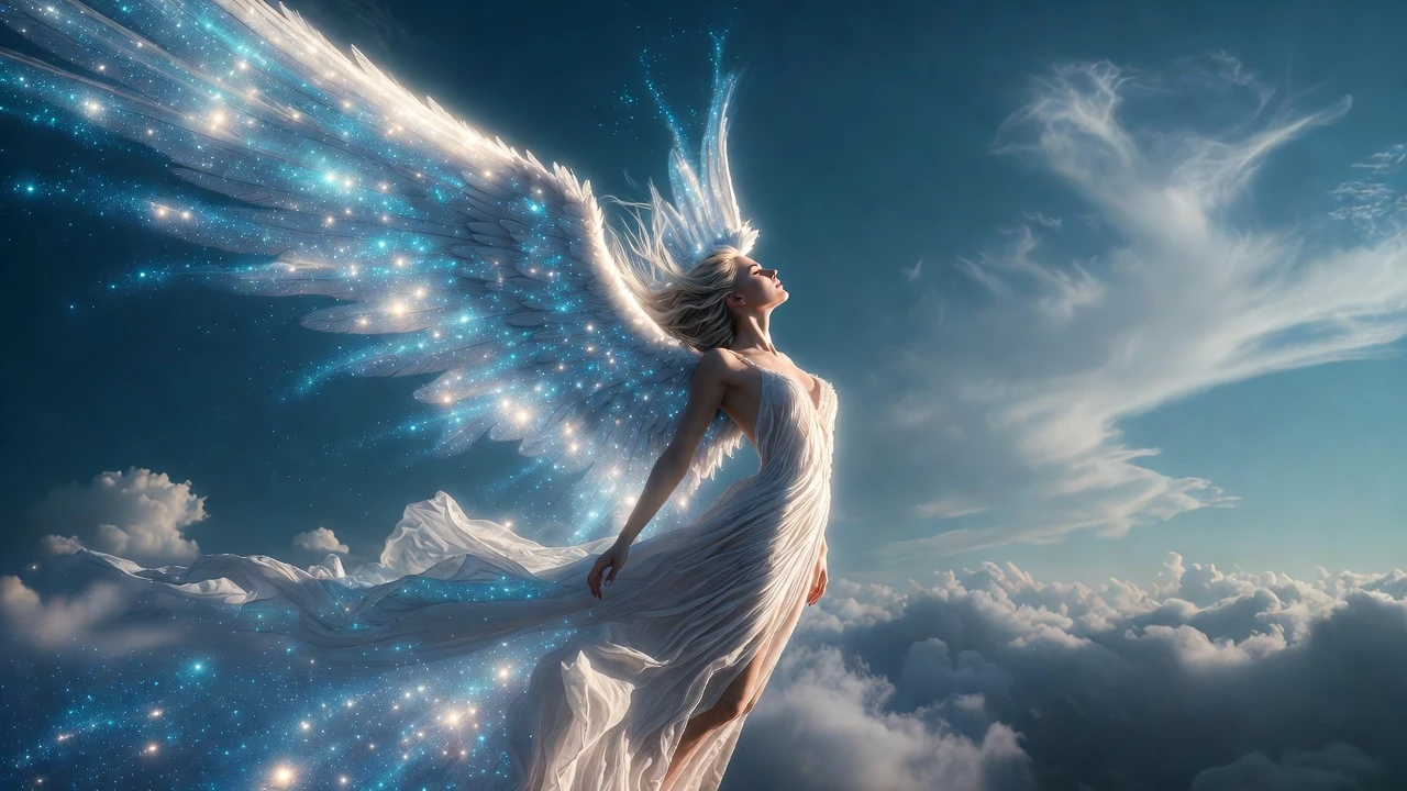 A blonde angel dances above the clouds beneath a blue aura