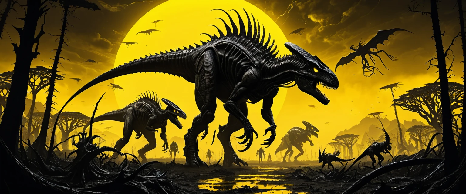 Dinossauros com espinhos de cristal negro atravessam uma paisagem árida com árvores ressequidas