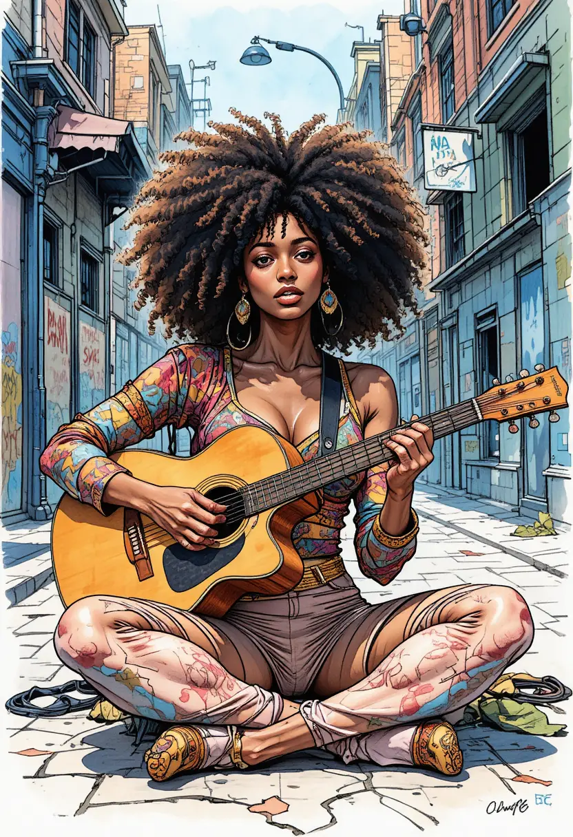 Eine Hippie-Frau spielt im Schneidersitz Gitarre vor einer urbanen Straßenkulisse