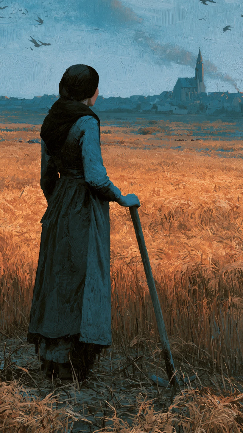 Uma camponesa solitária faz uma pausa com a enxada ao lado de um campo já colhido