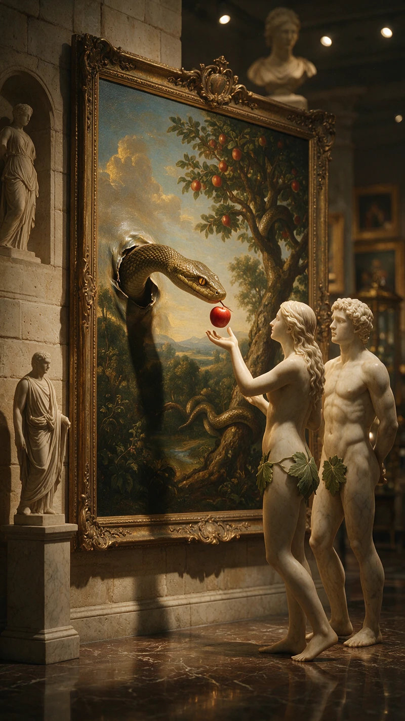 Adão e Eva estão diante de uma pintura do Jardim do Éden num museu