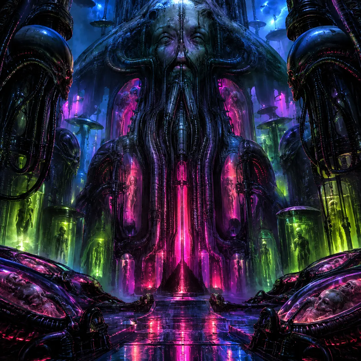 Eine düstere, unheilvolle Szene in leuchtenden Neonfarben