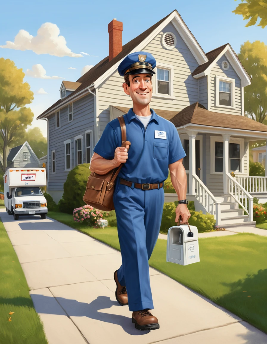 A postal worker delivers mail through a peaceful suburban neighborhood