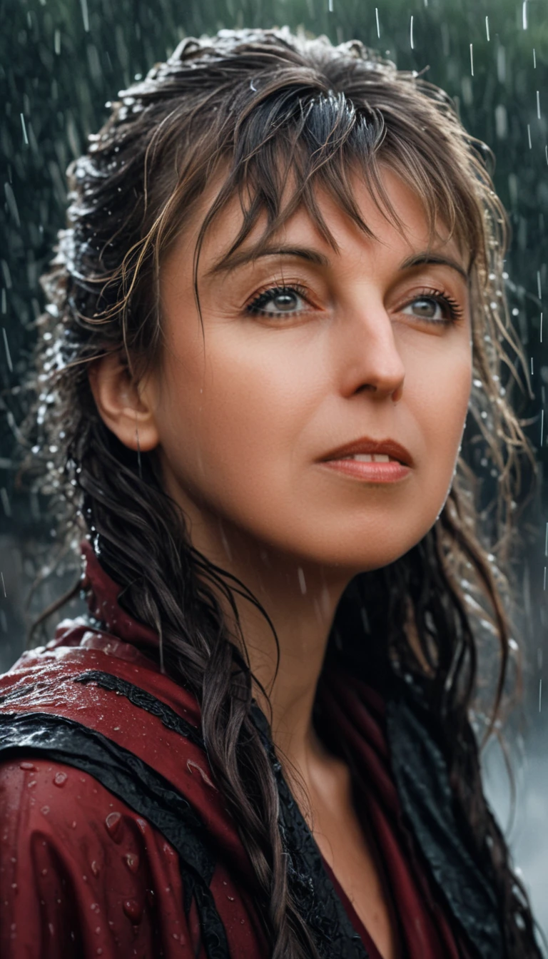 Una mujer guerrera gira bajo la lluvia torrencial con una túnica roja bordada
