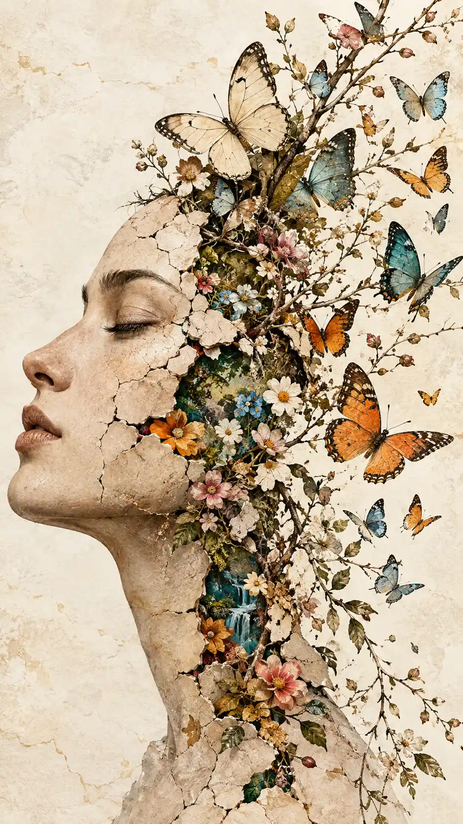 A human profile blossoms into butterflies and botanical life