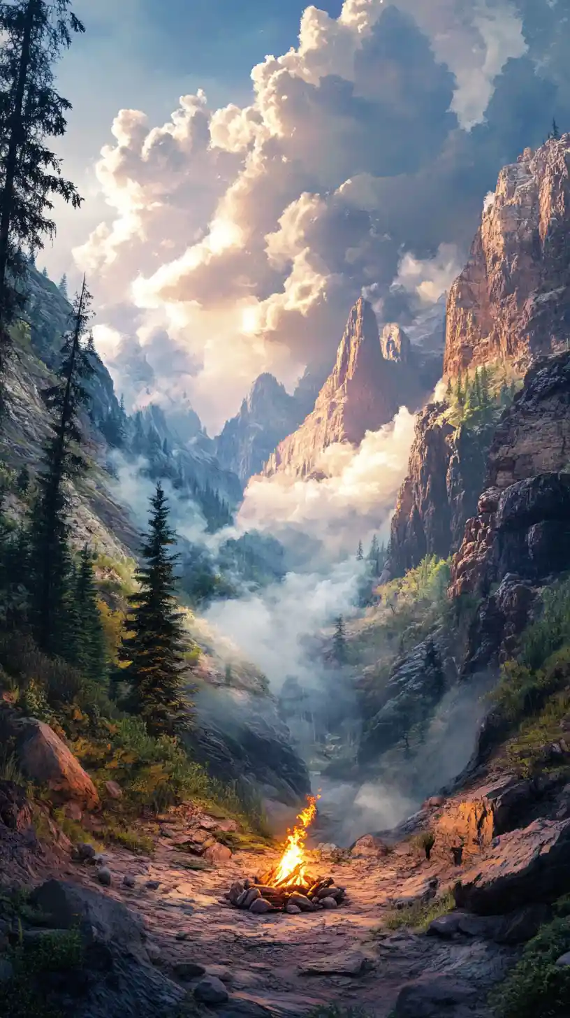 A campfire glows beneath towering clouds in a rocky canyon