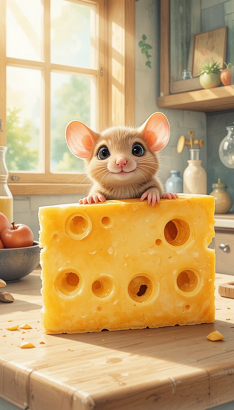 Um ratinho sorridente espreita por um queijo suíço em uma cozinha ensolarada