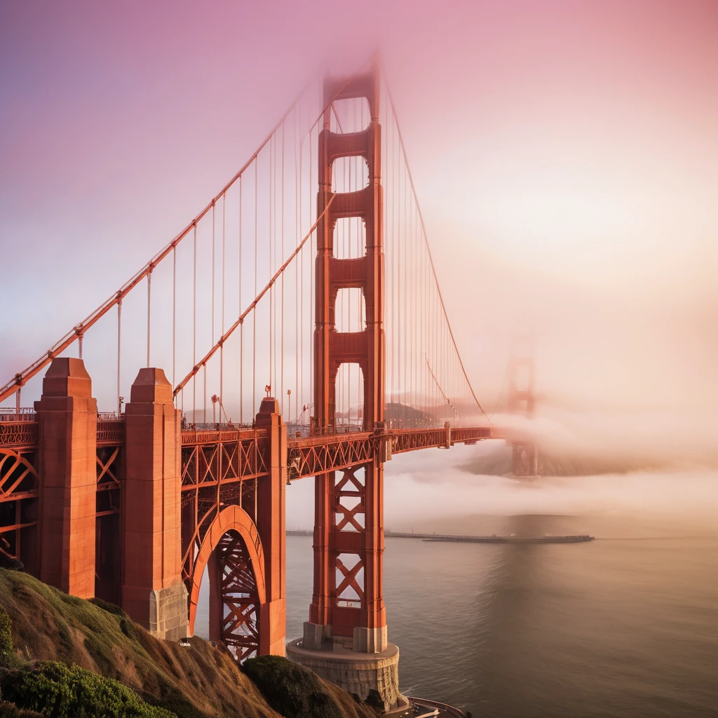 A Ponte Golden Gate surge entre a névoa sob a luz quente do nascer do sol