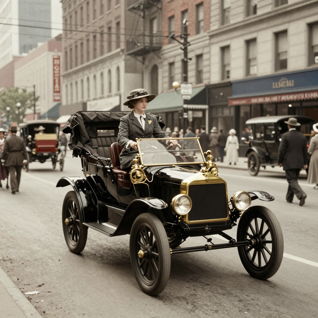 Ein Ford Model T fährt durch das New York des frühen 20. Jahrhunderts