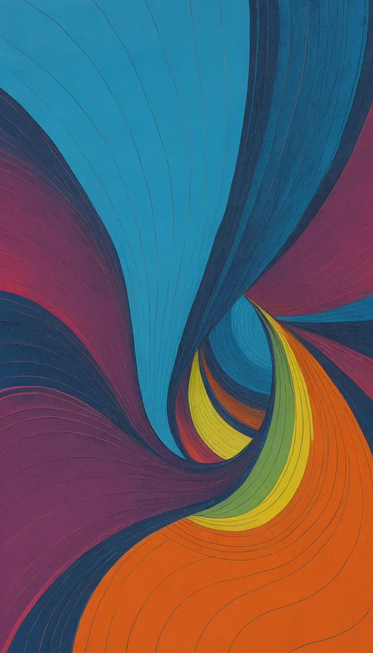 Ondas coloridas de arte óptica percorrem um pôster vertical emoldurado