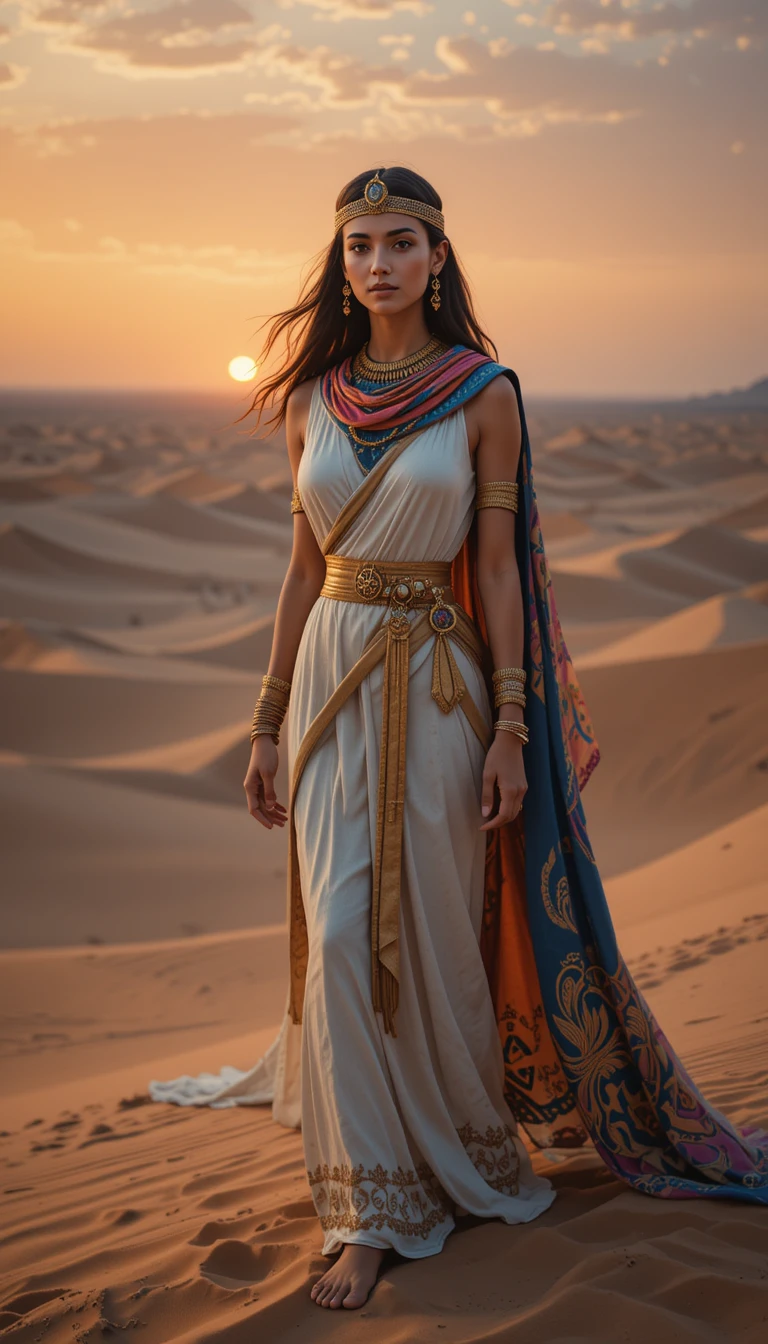 Una donna con abiti antichi e fluttuanti si staglia tra le dune del deserto al tramonto