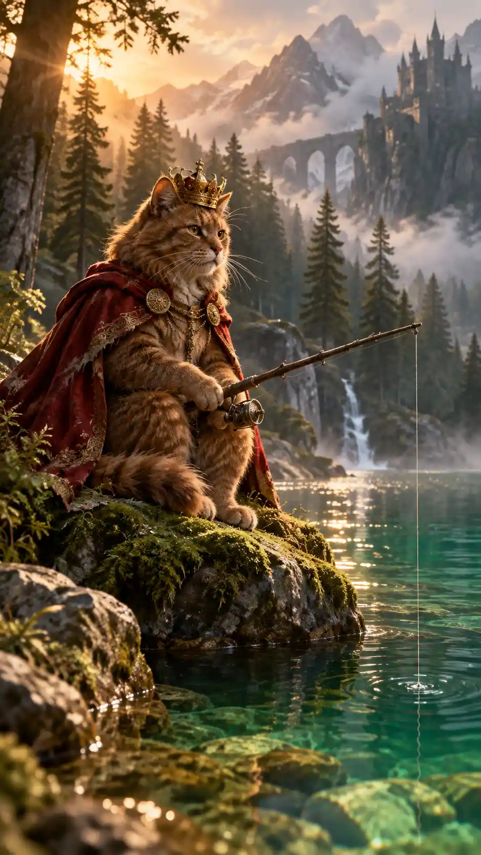 Um gato majestoso pesca à beira de um lago montanhoso envolto em névoa
