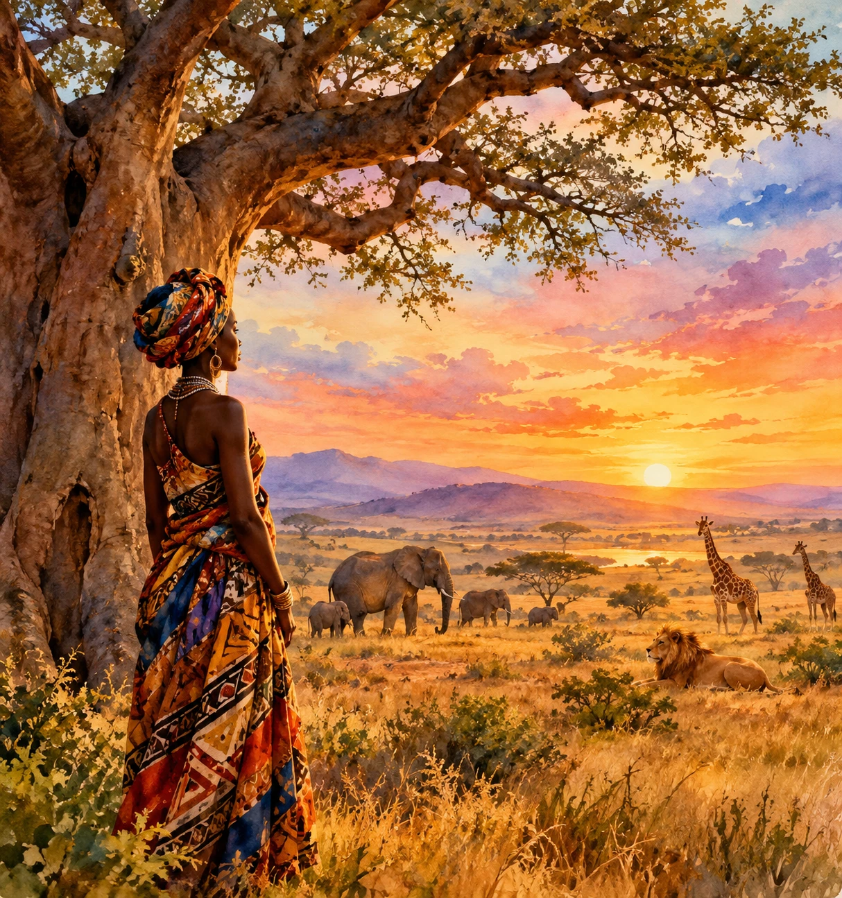 Mulher africana sob um baobá, vestindo trajes tradicionais