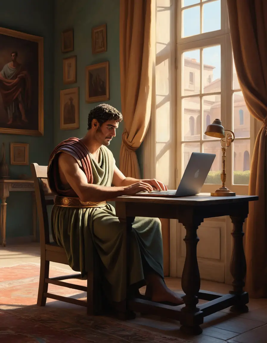 Um escriba romano usa um laptop à mesa em uma sala de estilo clássico