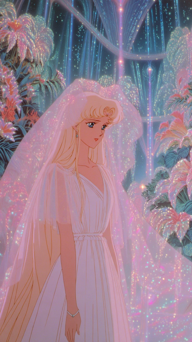 Uma mulher de anime com um vestido branco esvoaçante numa paisagem de fantasia luminosa