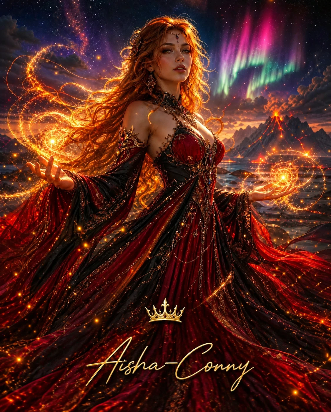 A Woman in a Dress Beneath an Aurora Sky Near a Volcano