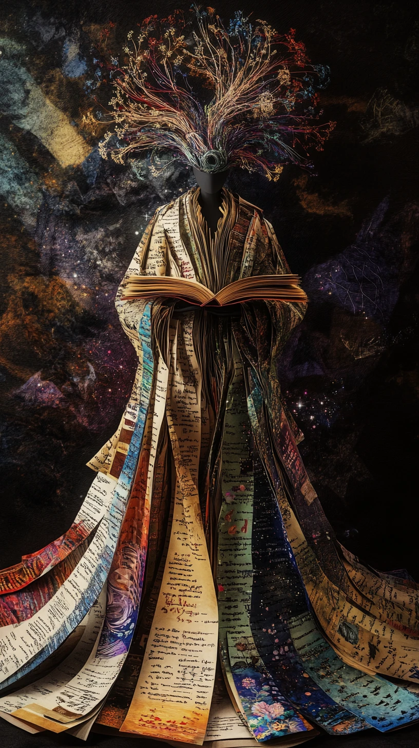 A supernatural librarian wearing robes made entirely of flowing calligraphy