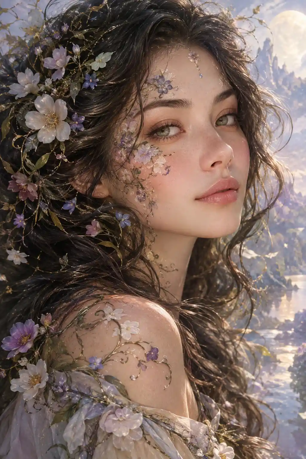 顔と髪に花模様が織り込まれた幻想的な女性