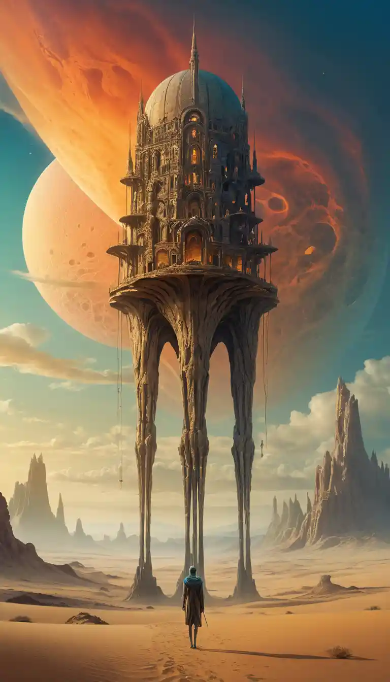 A lone traveler crosses fossil-strewn desert toward a distant stilt city