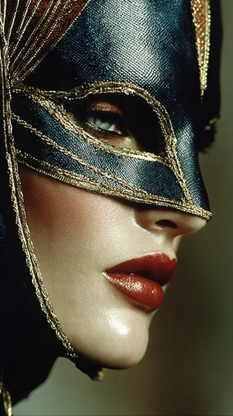 Uma mulher elegante brinca com uma máscara diante de um fundo detalhado