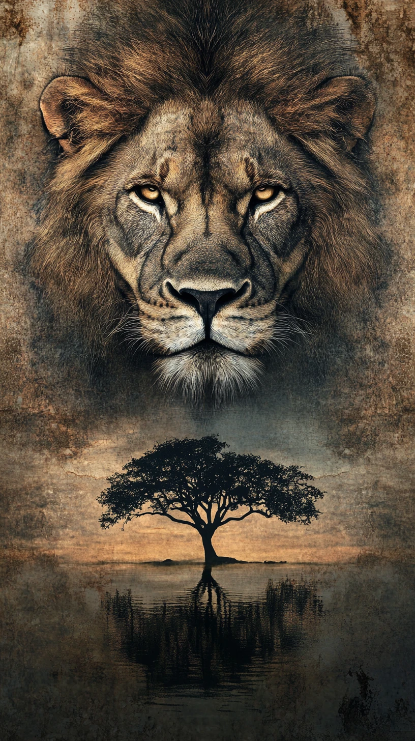 A regal lion with a landscape reflected within its eye