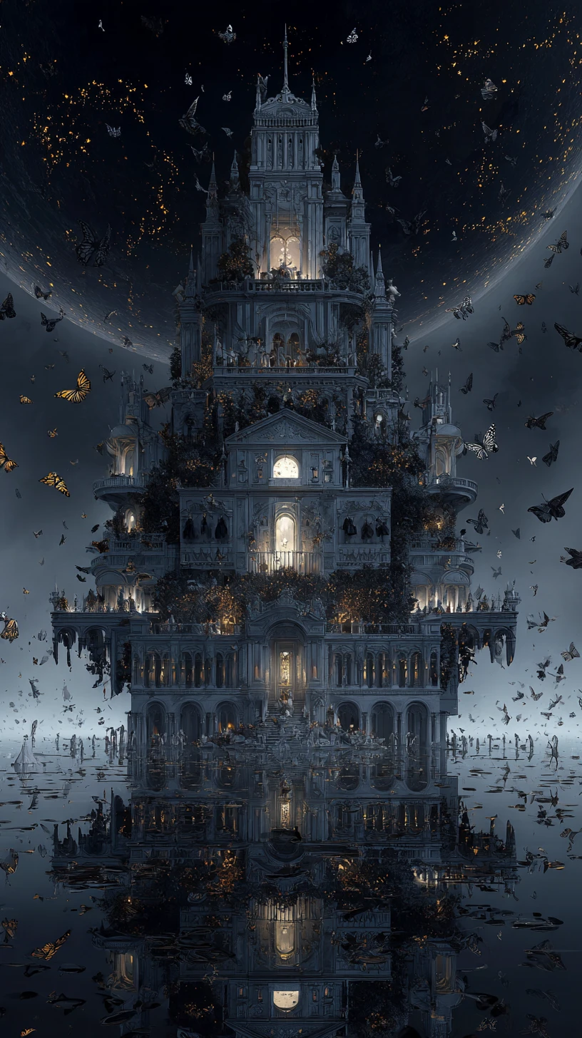 An upside-down Victorian ballroom floats above a vast black ocean